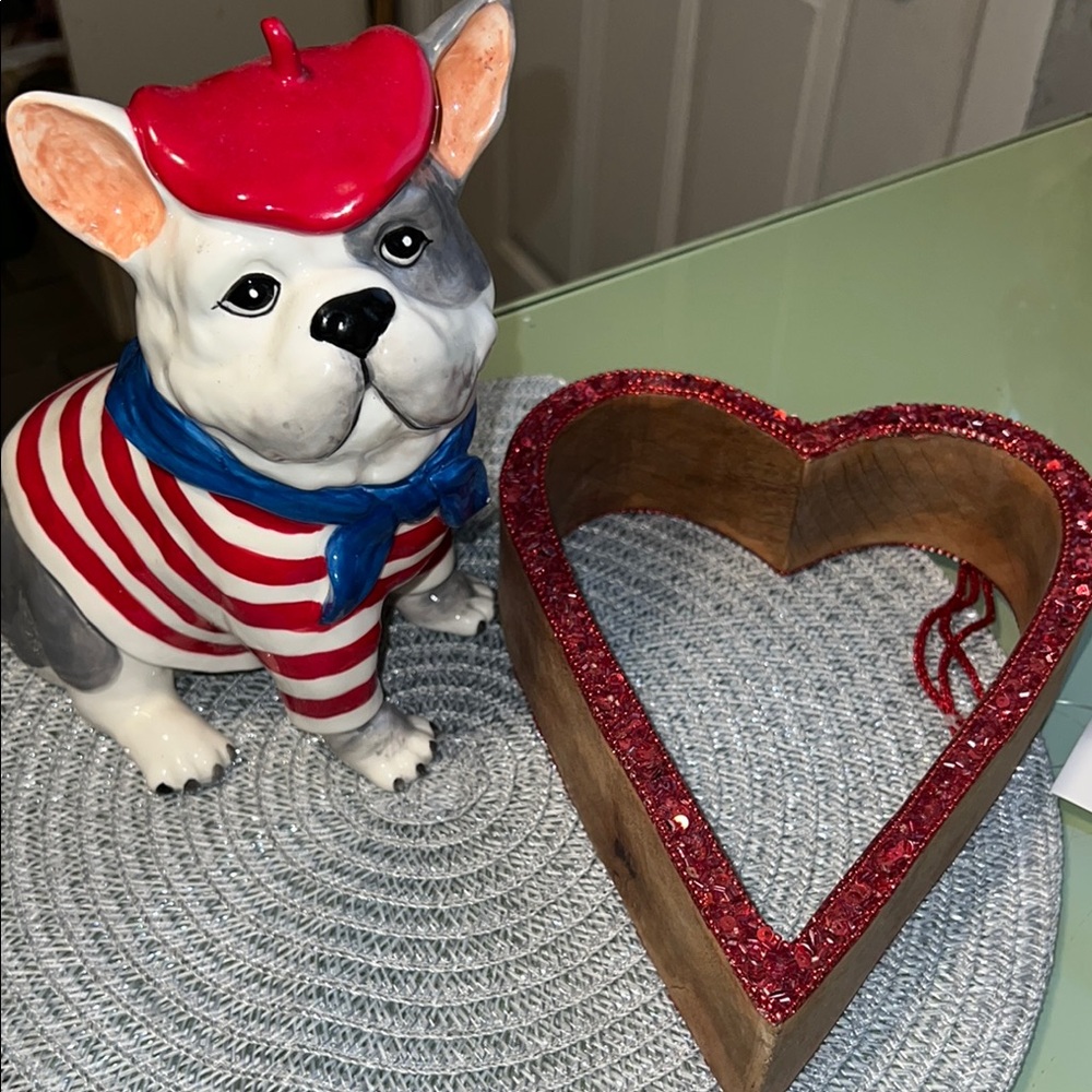 Striped Bulldog Figurine with Red Heart Decor